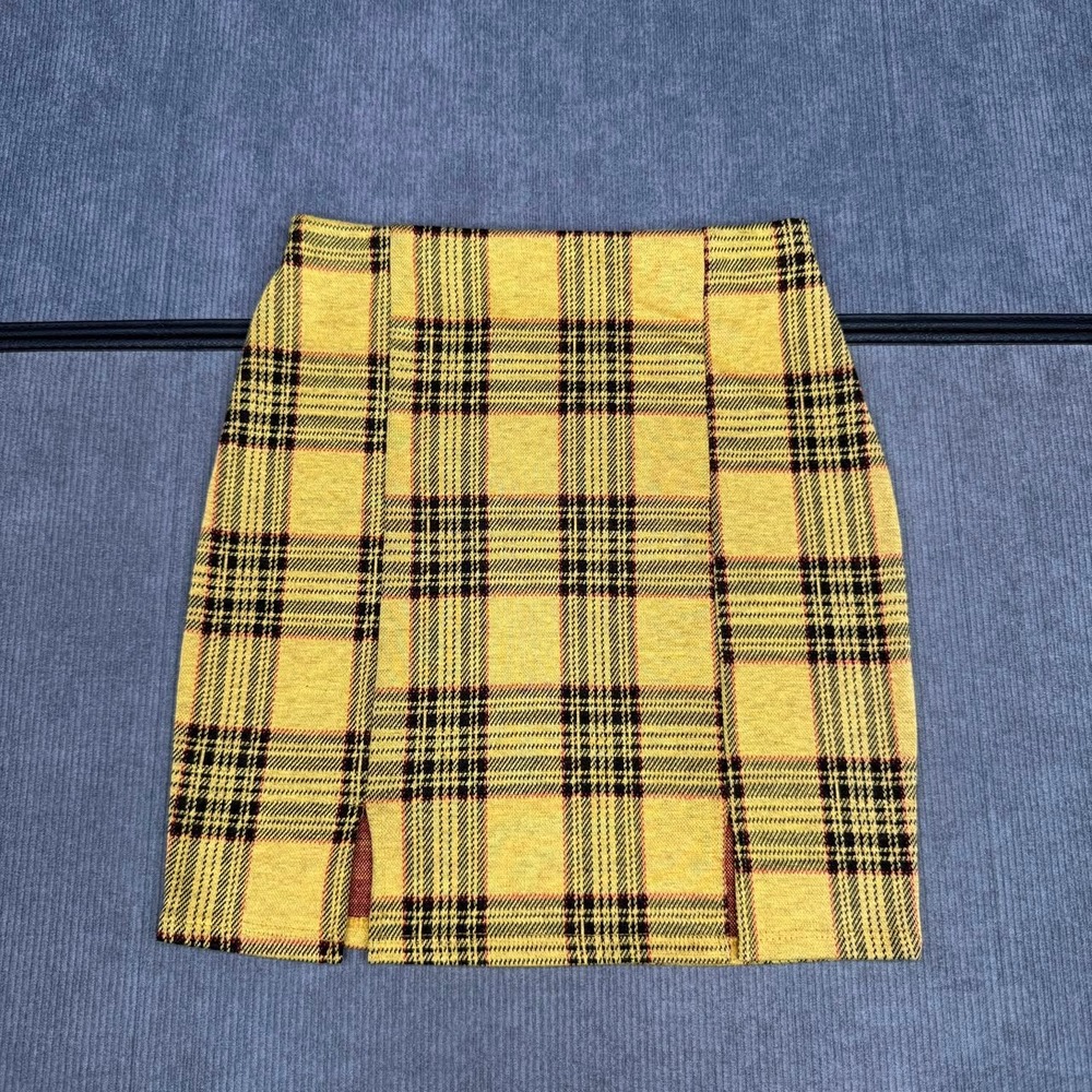 Yellow Plaid Mini y2k Skirt Small 90s Style Tartan Front Slit Stretch 21
